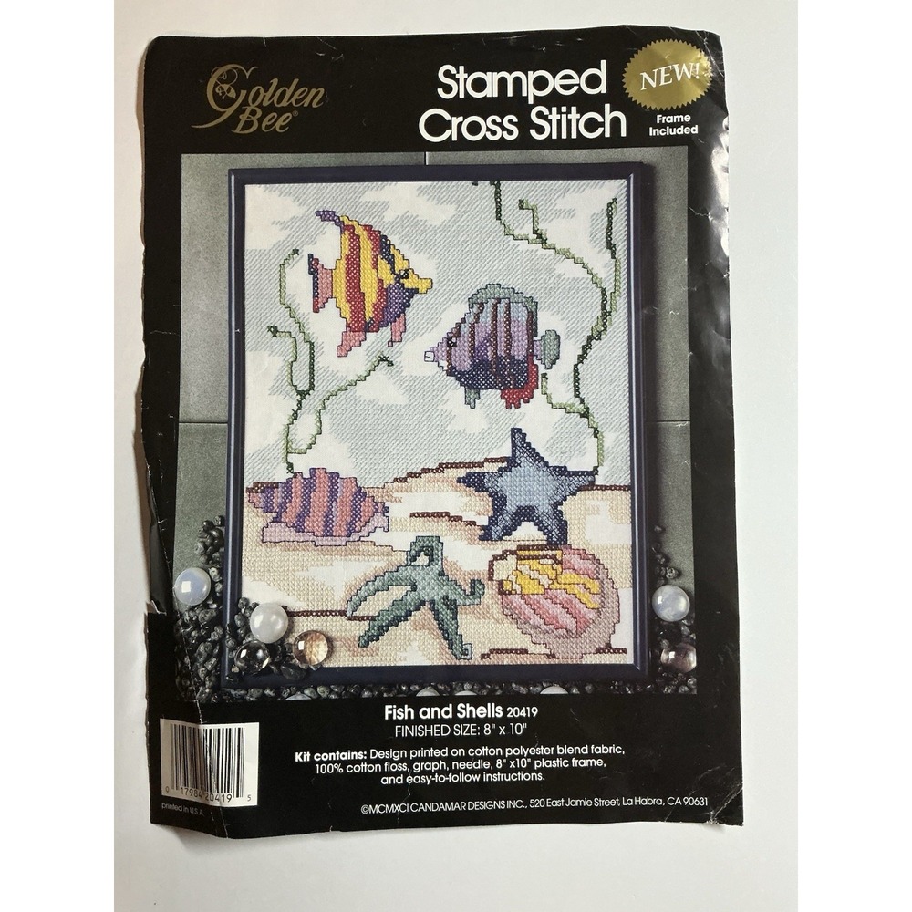1991 Golden Bee FISH AND SHELLS Stamped Cross Stitch Kit #20419 8" X 10" **